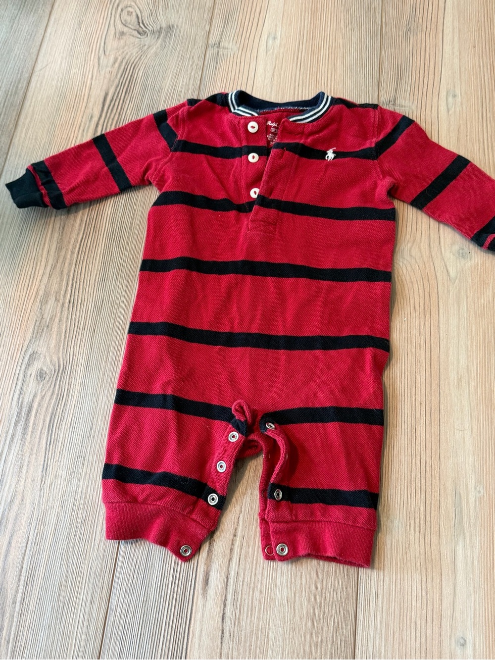 Ralph Lauren Red & Black Striped Long-Sleeve Infant One-Piece